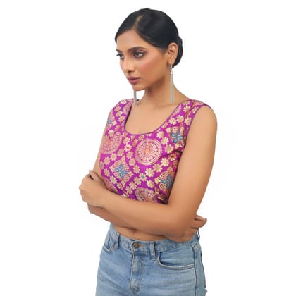 TheHangr Purple Cotton Golden Banarsi Print Blouse -  32
