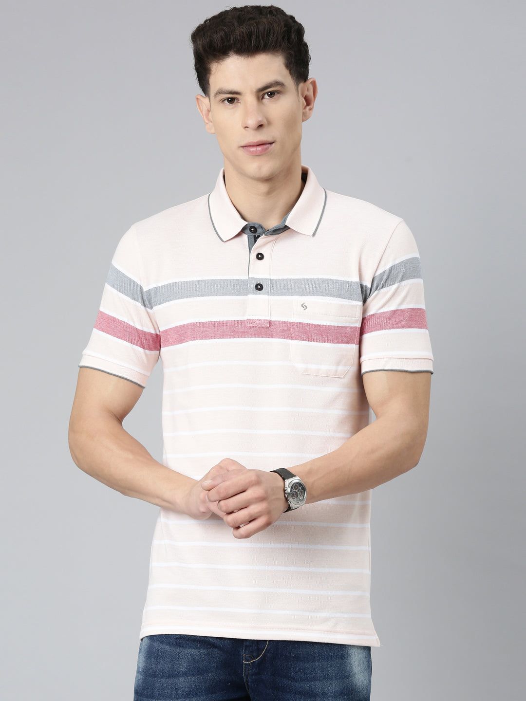 Classic Polo Mens Striped Cream Polo Neck Slim Fit T-Shirt | VTA - 265 B SF P