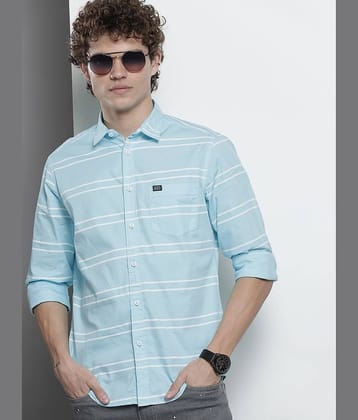 The Indian Garage Co Men Turquoise Blue Horizontal Striped Casual Shirt