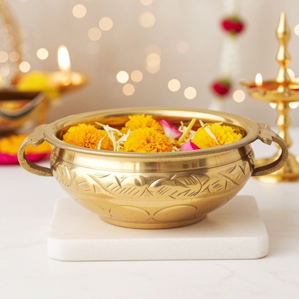 Brass Handcrafted Flower Urli � Premium Brass Decor, Diameter : 8 Inch (FMAS574 A)