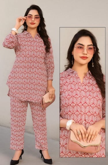 Pink Printed Cotton Kurta PantCo-Ord Set