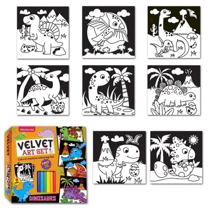 Dinosaurs - Velvet Art Set with 10 Free Sketch Pens : Children Colouring Activity Pack Box Set