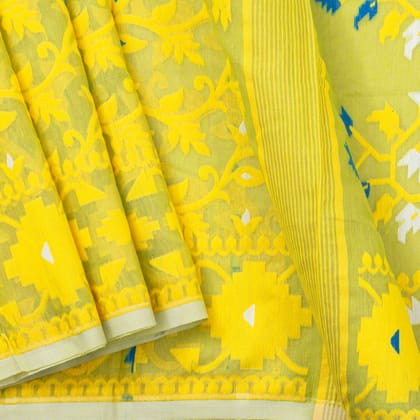 Lime Yellow And Green Dhakai Jamdani Mulmul Silk Saree For Office Wear PV MJ 71