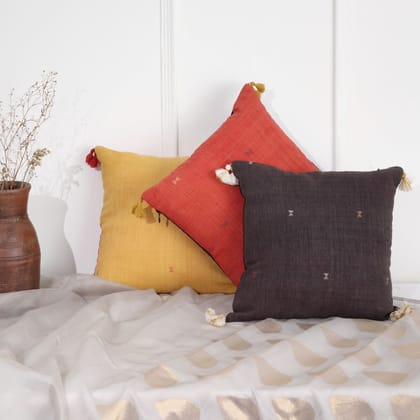 Handwoven Cotton Cushion Covers 12x12 - Set of 3-12 Inches x 12 Inches / Cotton / Brick Red, Charcoal Black, and Mustard