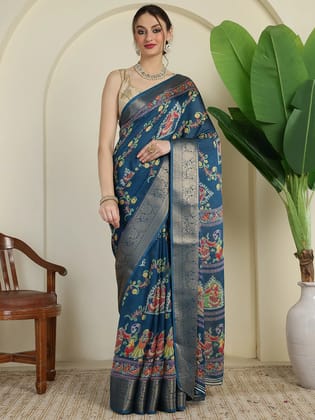 Royal Steel Blue Banarasi Art Silk Saree with Traditional Folk Motif Print & Rich Zari Border