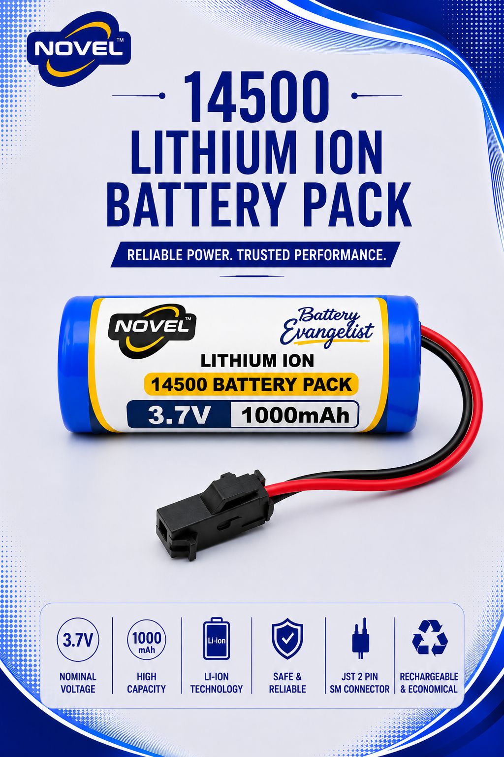 NOVEL 3.7V 1000mAh 14500 SINGLE CELL SM PIN