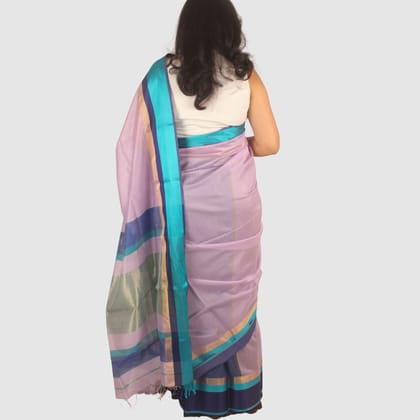 Elegant Lavender Teal Maheshwari Handloom Saree with Golden Border