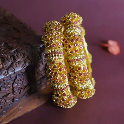 Trendisia Antique Gold-Plated Bangles with Intricate Beaded Detailing & Ruby Accents