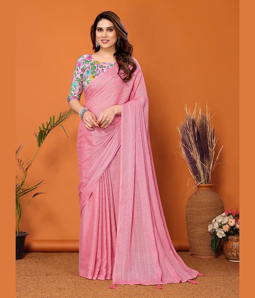 BLEESBURY Chiffon Solid Saree With Unstitched Blouse Piece ( Pink )