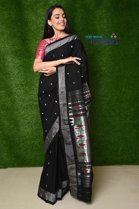 Cotton Paithani - Handloom Black Paithani with Silver Zari Traditional Double Pallu, 120 count High Quality Cotton Cotton Paithani - Handloom Black Paithani with Silver Zari Traditional Double Pallu, 120 count High Quality Cotton