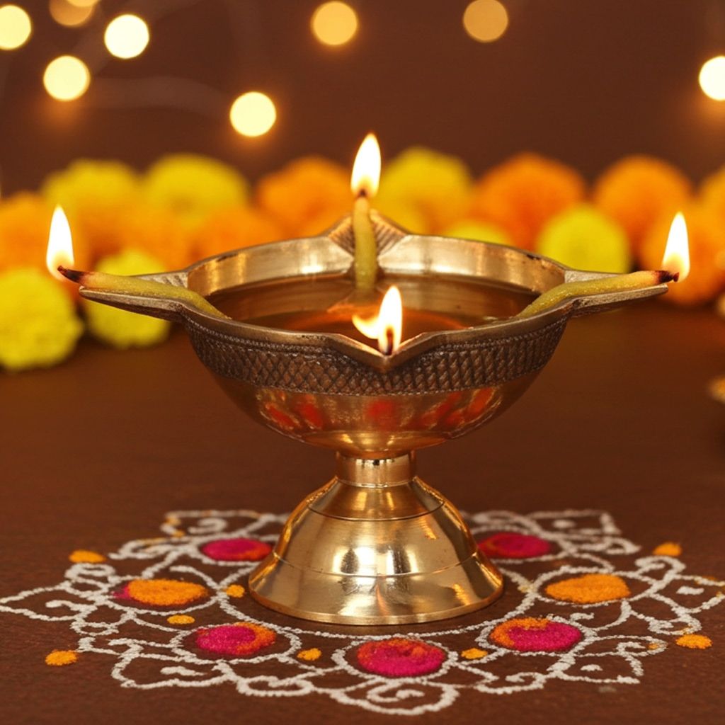 Brass Table Decor Oil Lamp Deepak 4 Wicks  - Devotional Brass Diya for Home D�cor, Height : 2 Inch (FMAS633 E)