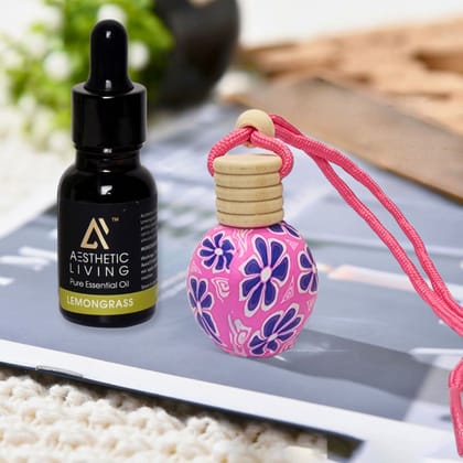 Aesthetic Living Floral Car Aromatizer/ Diffuser Bottle with Essential Oil (Multi Shape Floral-10 ml+ Lemongrass Essential Oil, 15 ml)