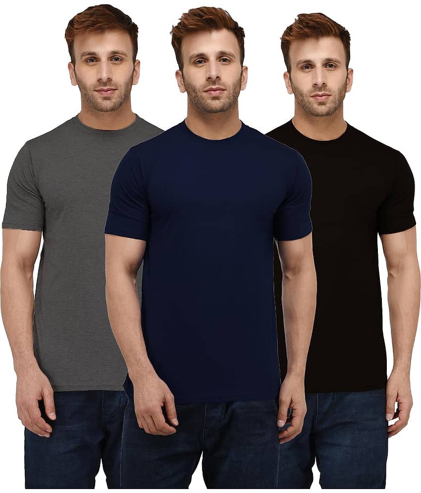 LONDON HILLS Cotton Blend Regular Fit Solid Half Sleeves Men's Round T-Shirt - Black ( Pack of 3 )