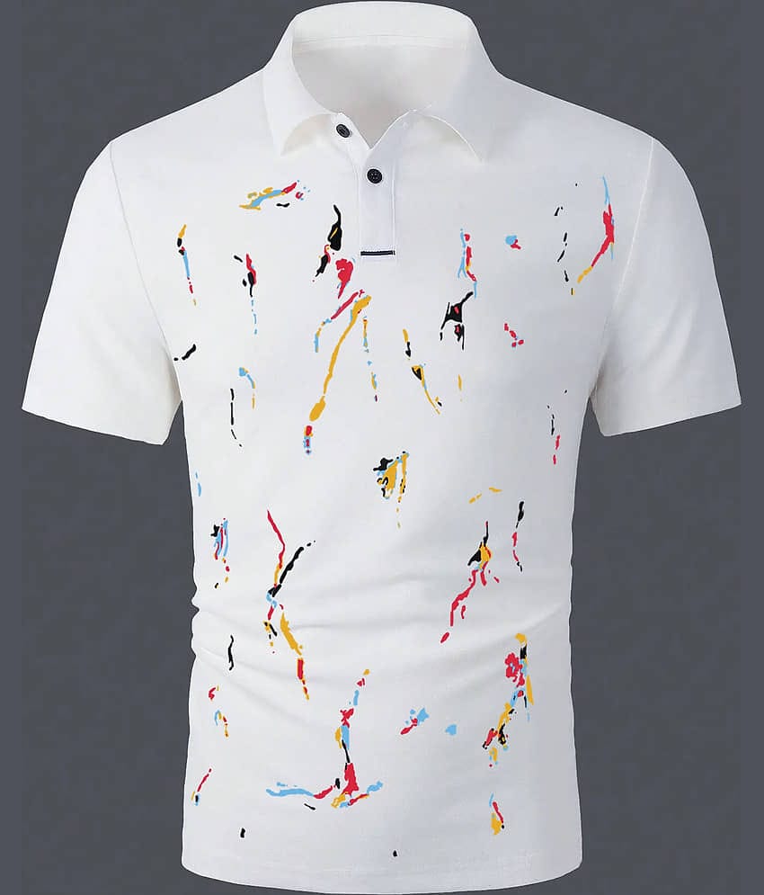 AUSK Men Cotton Blend Regular Fit Printed Polo T Shirt ( White )