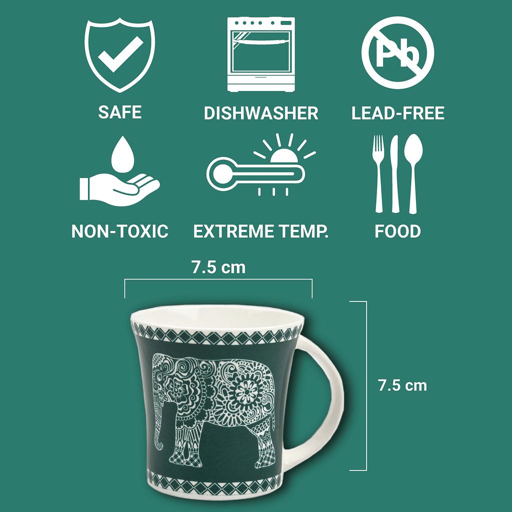 Femora Turquoise Majestic Elephant Design Tea Cups, Ceramic Tea Cups, Coffee Mugs (160 ml) - 6 Pcs Set (Green)