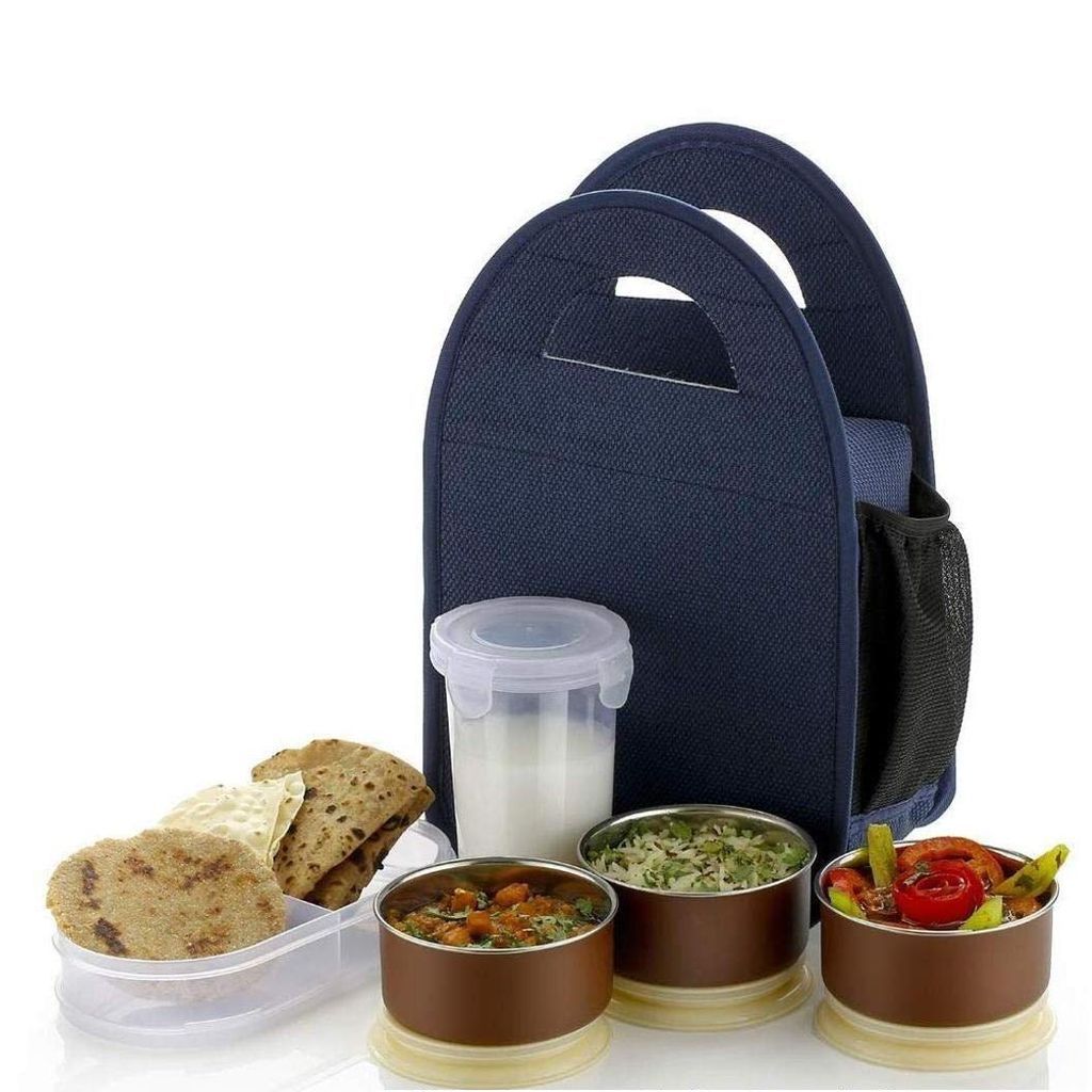 Tiffin Box With Bag Stainless Steel 4 Container and 1 Set with Plastic Glass Lunch Box Set with Carry Bag for Office, College and School for Men, Women Kids