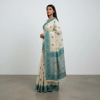 Saura Art Cotton Saree Beige Teal Village Scene Pallu