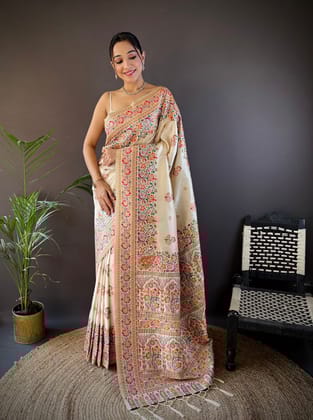 White Silk Meena Weaving  Pashmina Work Kashmiri Saree