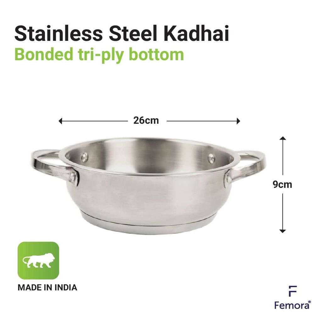 Femora Bottom Triply Stainless Steel 2 Pc Cookware Set, 26 cm Indian Kadai, 24 cm Flat Frypan, Induction Bottom, Gas Ready, Even and Fast Heating, Silver