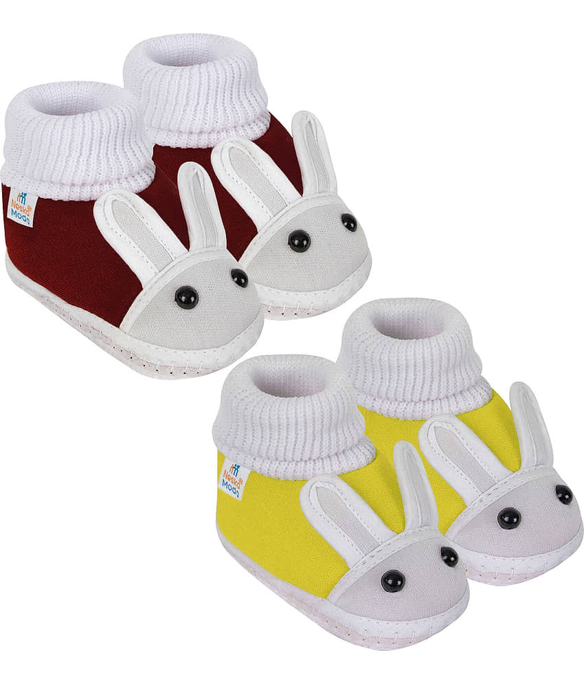 Neska Moda Set of 2 Pair Baby Boys & Baby Girls Rabbit Face Cotton Booties For 12 to 24 Months (Maroon,Yellow)