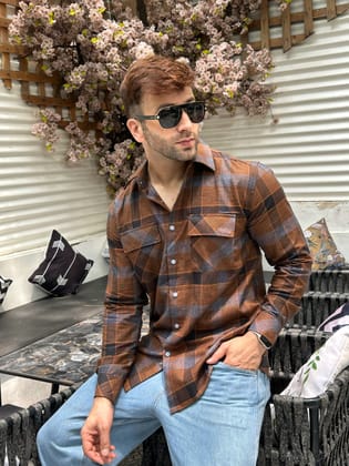 Brown Check Double Pocket Flannel Shirt - XL