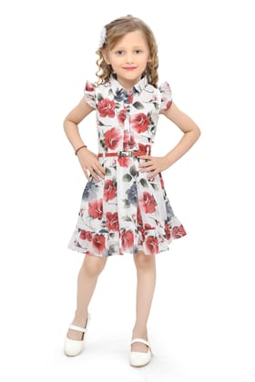 Be:Kids Floral Print Pleated Dress with Belt for Girls - Red and Blue on White