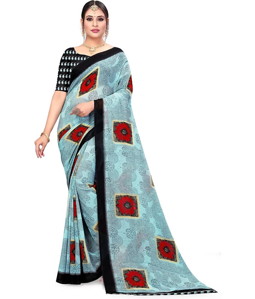 LEELAVATI Georgette Printed Saree With Unstitched Blouse Piece ( Light Blue )