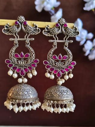 Big Silver Navratri Jhumka Elegance | Sarichka-Red