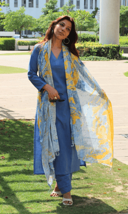 Cotton Slub French Blue Suit With Slub Mirage Dupatta-XXS
