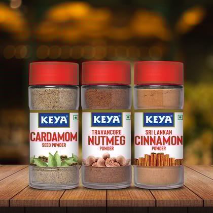 Keya Exotic Spices Combo, Nutmeg Powder 65gm, Cardamom Seed Powder 50gm, Cinnamon Powder 45g | 100% Pure & Natural | Packed with Zero Preservatives or Additives | Indian Spices Aroma & Flavour | 