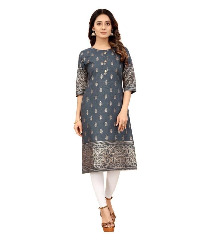 Women's Casual 3/4th Sleeve Foil Gold Printed Cotton Kurti (Grey, L)-PID46148