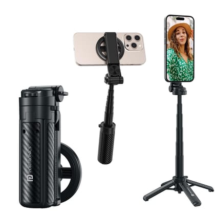 Portronics Lumistick Snap Magnetic Selfie Stick with Quadripod Stand,Detachable Bluetooth Remote, 360 Rotation,Includes Metal Ring, for iPhoneandAndroid, FoldableandTravel-Friendly for VloggingandRecording