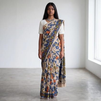 Pedana Kalamkari Print Cotton Saree Beige Indigo