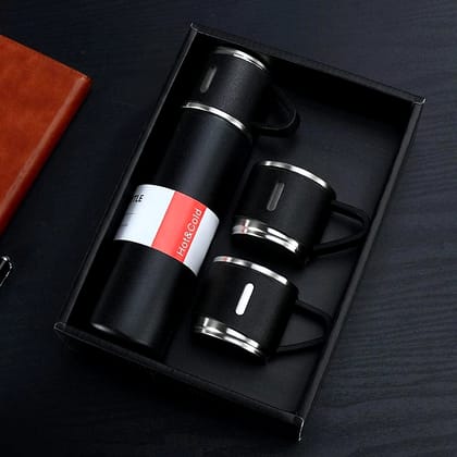 Denzcart Stainless Steel Vacuum Flask Set with 2 Steel Cups Combo for Coffee HOT Drink and Cold Water Flask Ideal Gifting Travel Friendly Latest Flask Bottle. (500ML) Black  by Ruhi Import Store