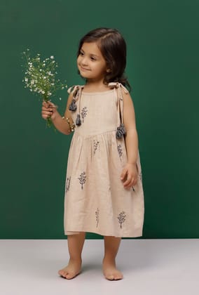 Beige Tie-Up Block Printed Cotton Slub Gathered Dress-1-2Y