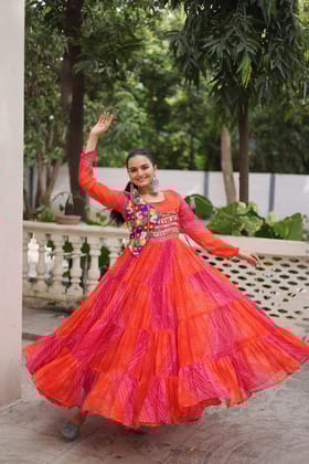 Laheriya & Bandhej Print with kutchi patche work in Faux Georgette.