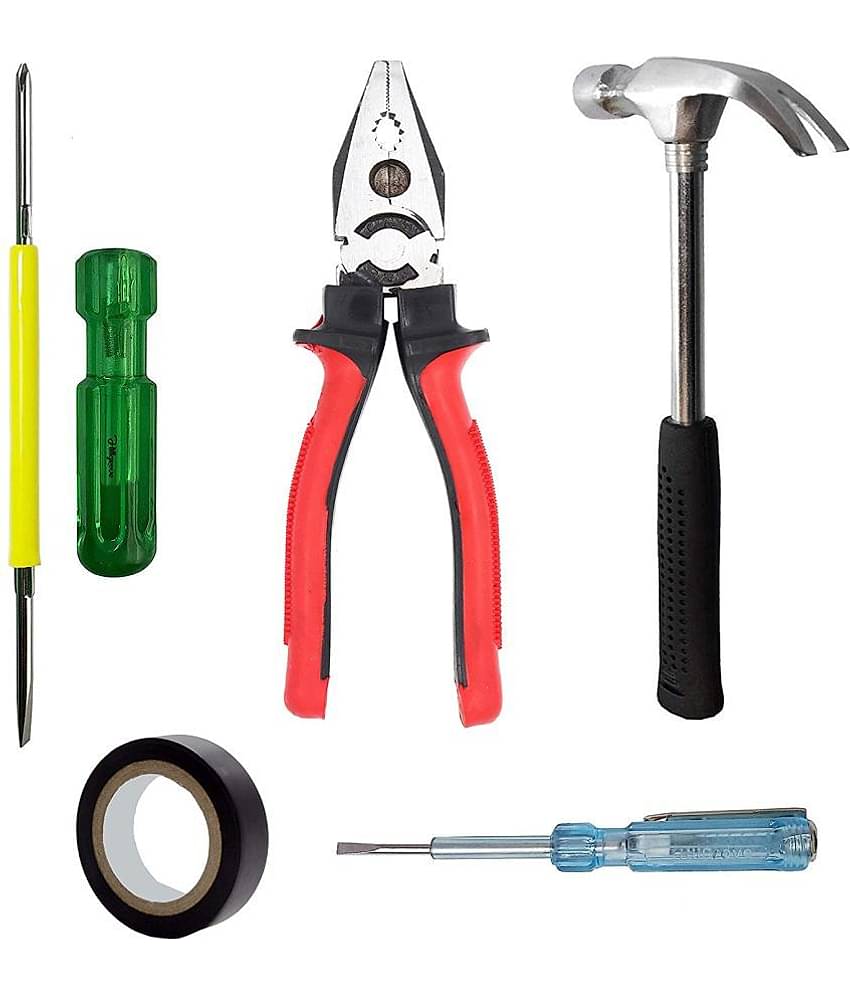 Aldeco Hand Tool Kit- Heavy Duty Grip Plier (Pilash) with 2in1 Screw Driver, Hammer, Tape & Tester With Neon Bulb.Combination Hand Tools for Domestic & Industrial Purpose.