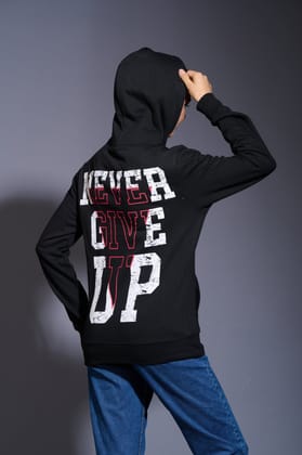 Never Give Up (in Red) Printed Black Hoodie for Women S
