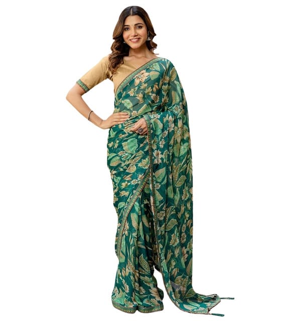 Generic Women's Georgette Floral Printed Saree with Unstitched Blouse Piece, Soft Lightweight 5.5 m Sari for Daily, Office and Wear (Green, Design 67607)