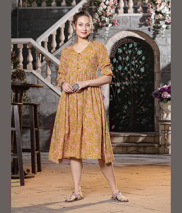 Stylum Women Cotton Printed Ethnic Dress ( Mustard )