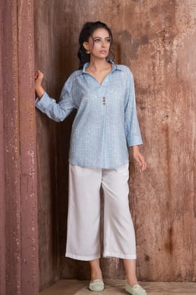 Powder Blue with white digital print shirt having box pleat and button detailing teamed with white culot pants-2XL