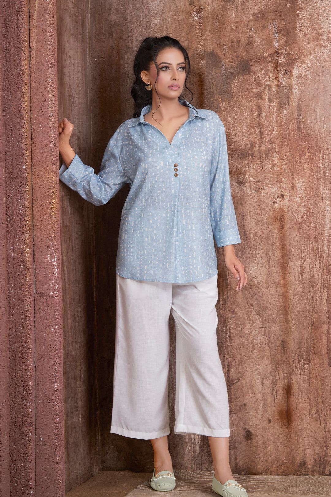 Powder Blue with white digital print shirt having box pleat and button detailing teamed with white culot pants-2XL