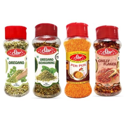Star Spices Seasoning Herbs & Spices Combo - Chilly Flakes, Oregano, Oregano Seasoning & Peri Peri Masala Seasoning For Pizza, Pasta & Fries (Pack of 4)