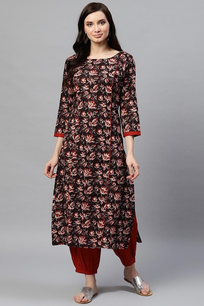 Ahika Women Daily Wear Cotton Fabric Printed Brown Fancy Kurta And Palazzo Set VKSET1035