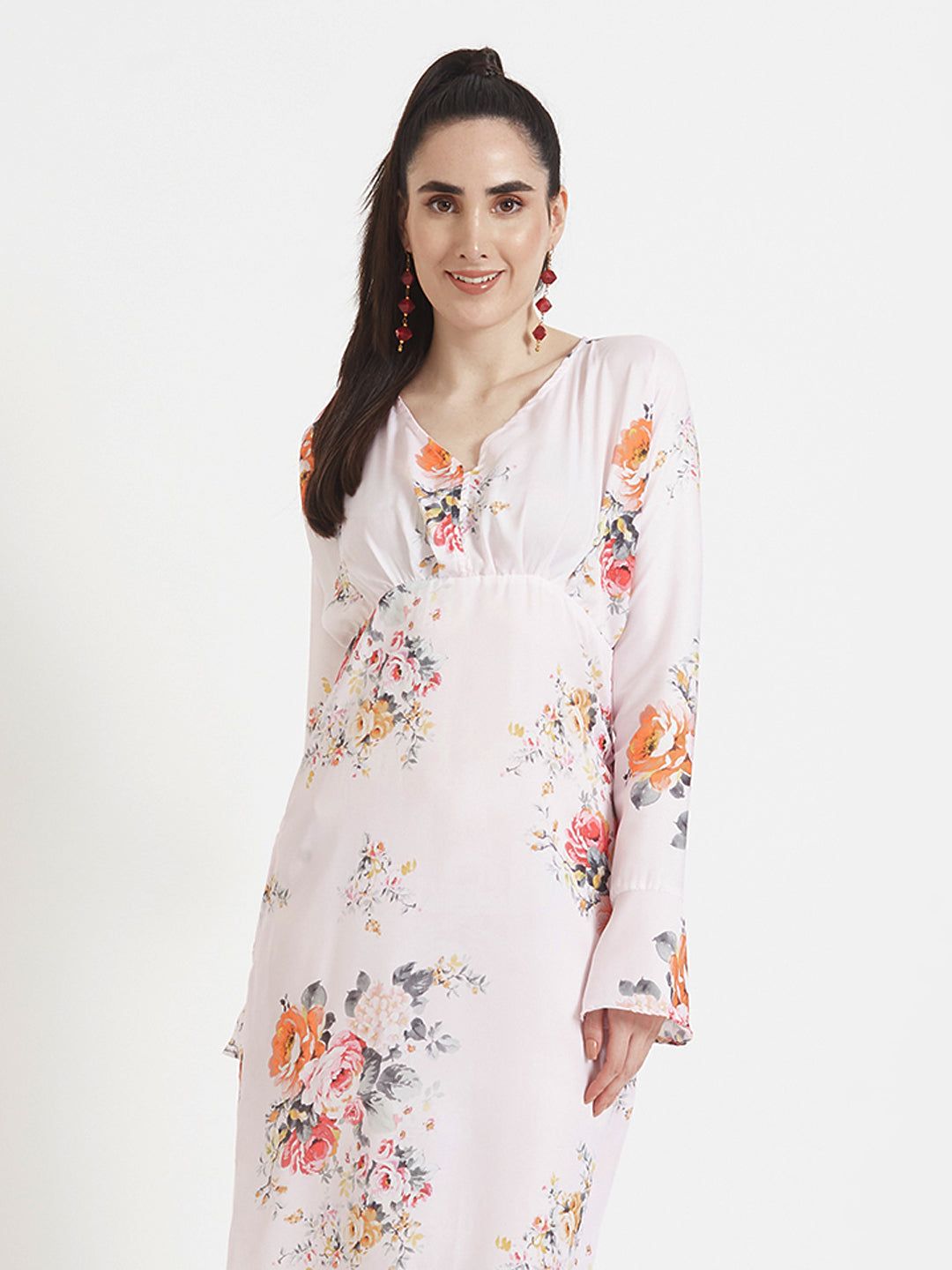 Luxury  Satin Digital Print  Maxi Dress With Slash Pocket-S
