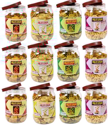 Okayango Premium Banana Chips Variety Pack, Red Chilli, Simply Salted, Green Chilli, Magic Masala Flavours, Traditional Recipe X Pack of 12 (03 Nos.each flavour)