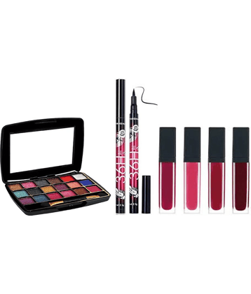 swenky eyeshadow with red edition liquid lipstick set & waterproof eyeliner (Pack of 4)