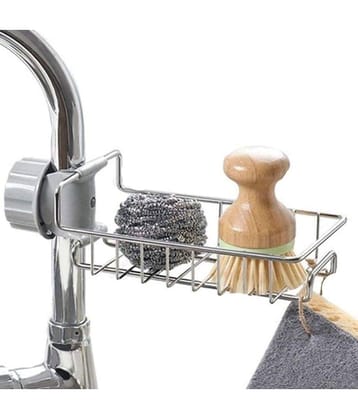 GEEO Kitchen Sink Faucet Sponge Holder Caddy organizer over, stainless steel heavy duty thickening hanging drain rack for scrubbers, sop, bathroom, detachable no suction cup bathroom sop holder