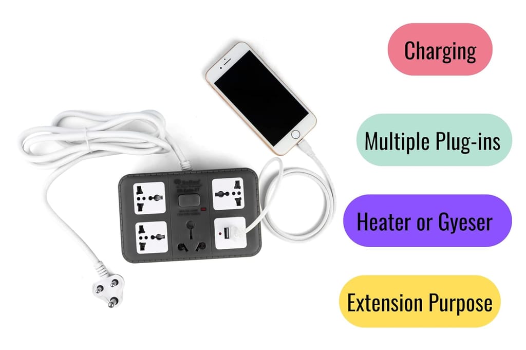 Extension Board with 2-USB Charger Ports;3 Power sockets and 1 16amps-Socket Along with 3m Long Cable