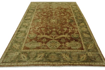 Hand-Knotted Rust Green Oushak Wool Rug – Vintage Turkish Carpet (5.6x8.0ft)